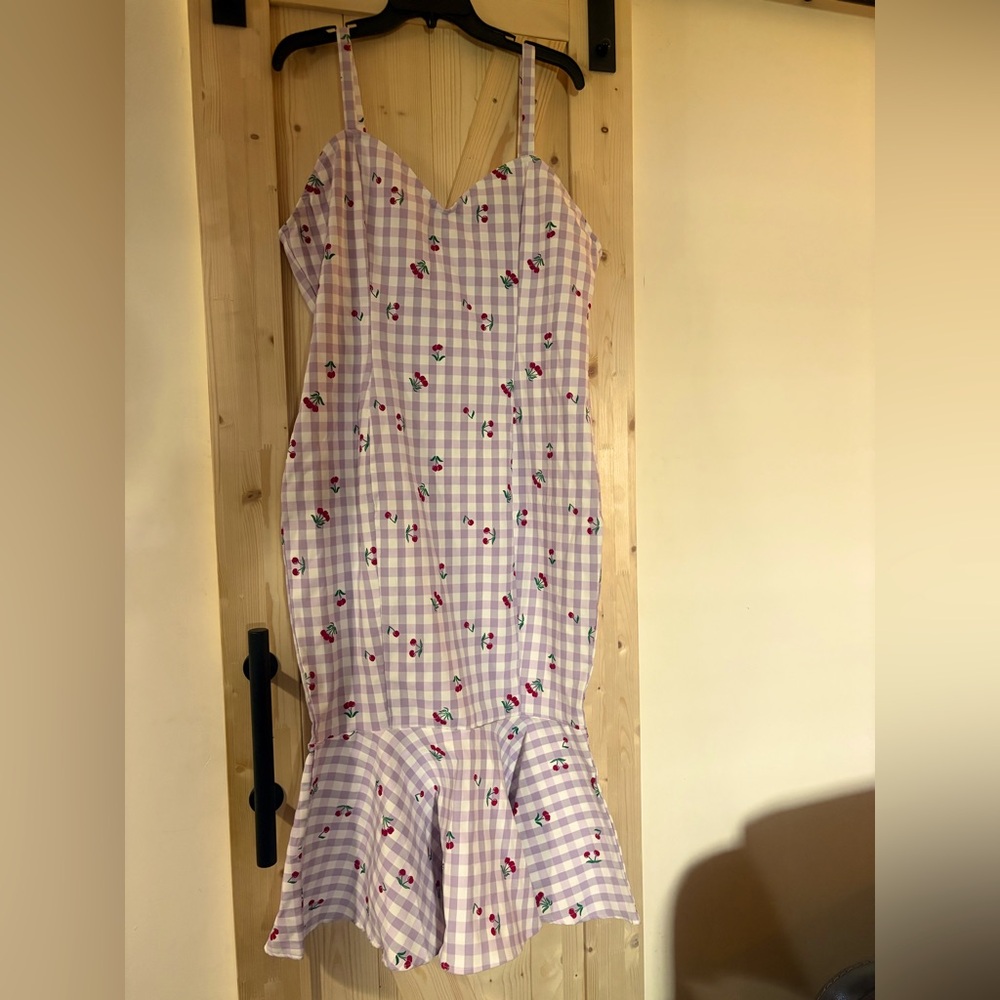Unique Vintage Gingham lavender and white cherry print dress